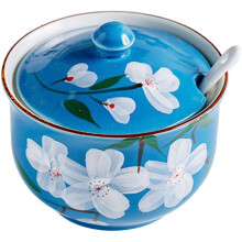 Ceramic Sugar Bowl with Lid and Spoon, Hand Painted Cherry Blossom Pastoral Style 300ml