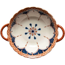 Large Ceramic Ramen Bowl with Handle, Microwave and Oven Safe Serving Bowl, Boho Style Salad and Fruit Bowl, Blue and White Flowers 650ml