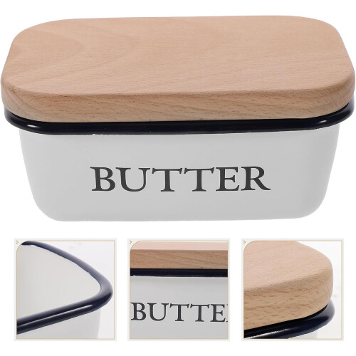 Enamel Butter Dish with Wooden Lid Keeps Butter Fresh Rectangular Countertop Storage Container 2