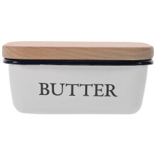 Enamel Butter Dish with Wooden Lid Keeps Butter Fresh Rectangular Countertop Storage Container