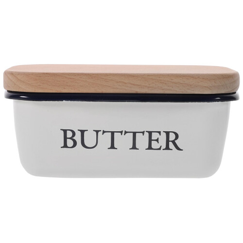 Enamel Butter Dish with Wooden Lid Keeps Butter Fresh Rectangular Countertop Storage Container