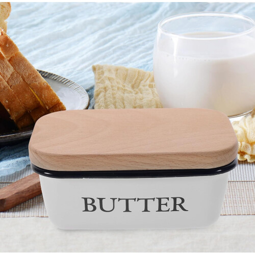 Enamel Butter Dish with Wooden Lid Keeps Butter Fresh Rectangular Countertop Storage Container 1
