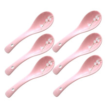6pcs Japanese Ceramic Soup Spoons Set with AntiScald Design, Pink Snowflake, Durable for Ramen