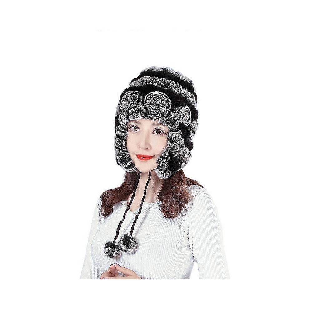 (4) Mimigo Women's Rabbit Fur Beanies Natural Fur Hats For Winter With Earflaps Cap With Two Pompoms-image