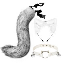 (Fox) Cat Ears Headband Tail Leather Necklace Set Cosplay Headpiece Accessories