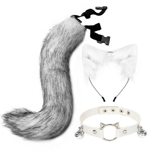 (Fox) Cat Ears Headband Tail Leather Necklace Set Cosplay Headpiece Accessories