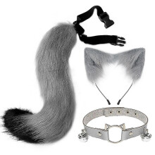(Gray) Cat Ears Headband Tail Leather Necklace Set Cosplay Headpiece Accessories