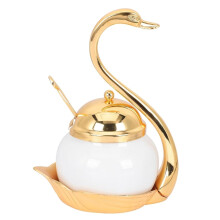 Ceramic Sugar Bowl and Gold Swan Condiment Container Set with Lid and Spoon, 2pcs Kitchen Counter