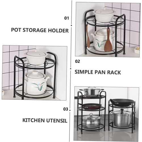 Two Layer Kitchen Pot Rack and Pan Organizer, Black Metal Detachable Space Saving Cookware Shelf 2