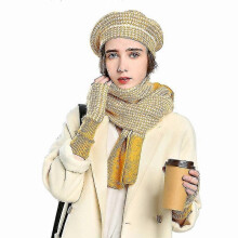 Women's Plaid Painter Hat, Warm Hat, Scarf And Gloves Three-piece Set Yellow