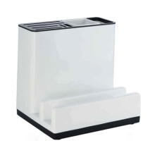 Kitchen Knife Holder with MultiCompartment Storage and Drainage, Detachable PP Rack White