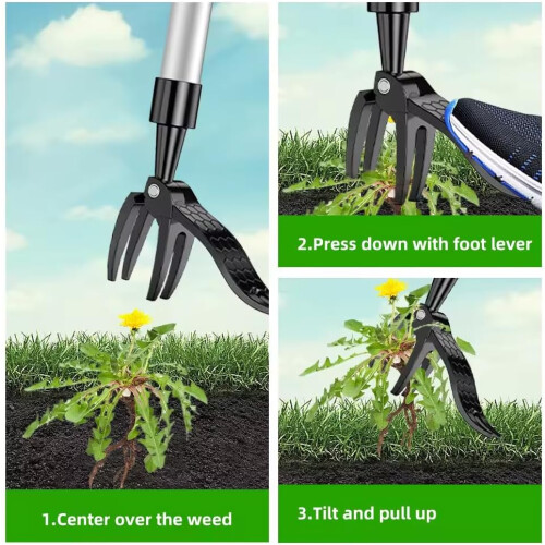 Manual Weed Puller with 4Claw Steel Head, Ergonomic Standing Lawn Weed Removal Tool 2