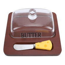 Butter Dish with Clear Glass Lid, Wood Butter Keeper with Flat Bottom and Stainless Steel Cutter
