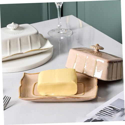 Butter Dish with Lid Ceramic Rectangular Container for Butter Cheese Snacks Keeps Fresh Khaki 2