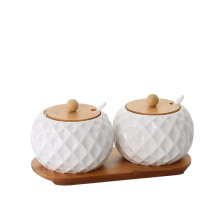Ceramic Sugar Bowl with Wooden Lid and Spoon, Small Kitchen Container for Coffee and Tea