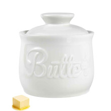 French Butter Dish Crock with Lid, 380ml Porcelain Keeper for Soft Butter Storage, White