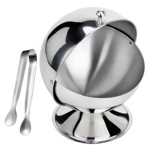 Stainless Steel Sugar Bowl with Tongs, Spherical Design and Clear Roll Lid for Kitchen Dining