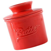 Red Ceramic Butter Dish with Lid, Compact Countertop Size, Keeps Butter Fresh, Easy Clean Glaze