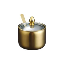 Sugar Bowl with Lid and Spoon Stainless Steel and Glass Coffee Bar Spice Jar Golden