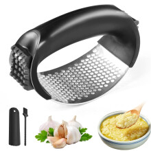 Stainless Steel Garlic Press and Crusher Rocker with Peeler, Cleaning Brush, Ergonomic Design, 1 Set