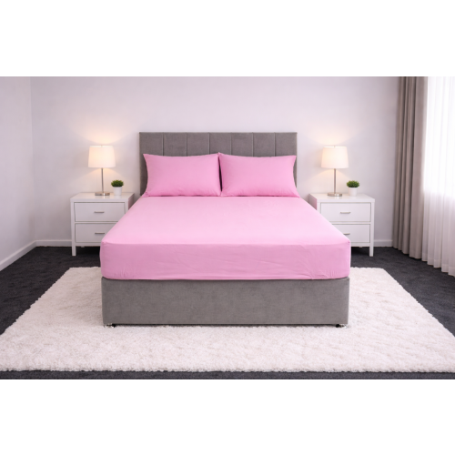 (Pink, Single) Plain Dye Poly Cotton Fitted Bed Sheet Super Soft Luxury & Comfy Easy Care Bed Sheet Available in 17 different Colours