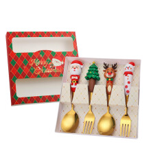 4Pcs Christmas Spoon Fork Set with Santa Snowman Tree Elk Design, Gold Stainless Steel Holiday Tableware