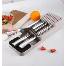 Knife Holder with Ventilated QuickDraining Design and Partition Drawer, Apricot Plastic Kitchen Organizer