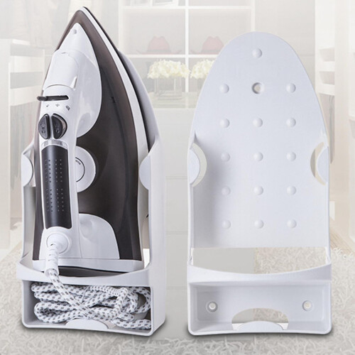Wall Mounted Iron Holder with Heat Resistant Design and Hooks-White 2