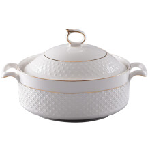 White Ceramic Soup Tureen with Lid and Ladle, 1.5L Gold Trim Serving Bowl for Pasta and Soup