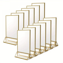Photo Display Stand for Events and Dining, Clear Acrylic with Vertical Stand and Gold Border, Multi-Use Table Sign Holders Featuring Double Sided