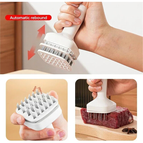 Stainless Steel Meat Tenderizer with 24 Needles, Automatic Rebound Square Bottom, Rustproof, White 1