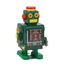 Vintage Green Iron Robot Toy with Wind-Up Handle, Home Decor & Photography Prop