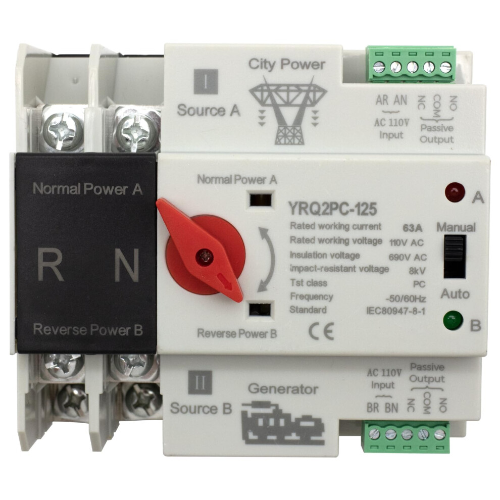 110V 63A Automatic Transfer Switch 2P Dual Power Changeover For Generator To Grid Din Rail Mounted 9113335273429