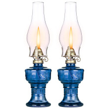 2 Pcs Vintage Glass Oil Lamp Set with Adjustable Flame, Windproof Hurricane Kerosene Lantern for Indoor Decor and Emergency Lighting, 12.6in Blue