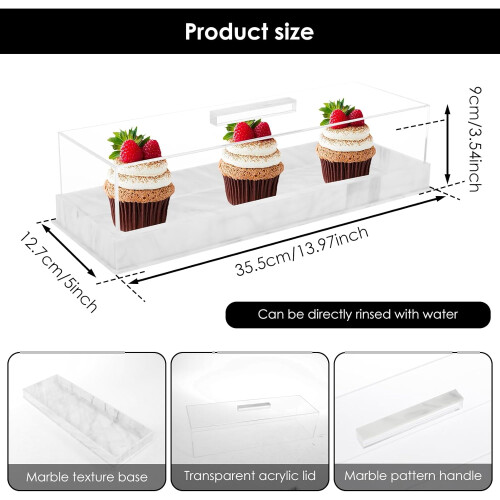 Rectangular Cake Stand with Lid, Marble Design Acrylic Tray for Dessert Display and Parties White 2