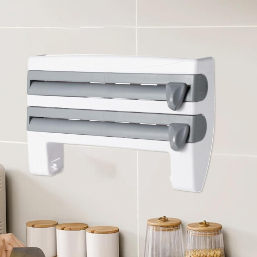 Cling Wrap Dispenser with Cutter, Wall Mounted Plastic Wrap Organizer, Durable Gray Kitchen Storage 1