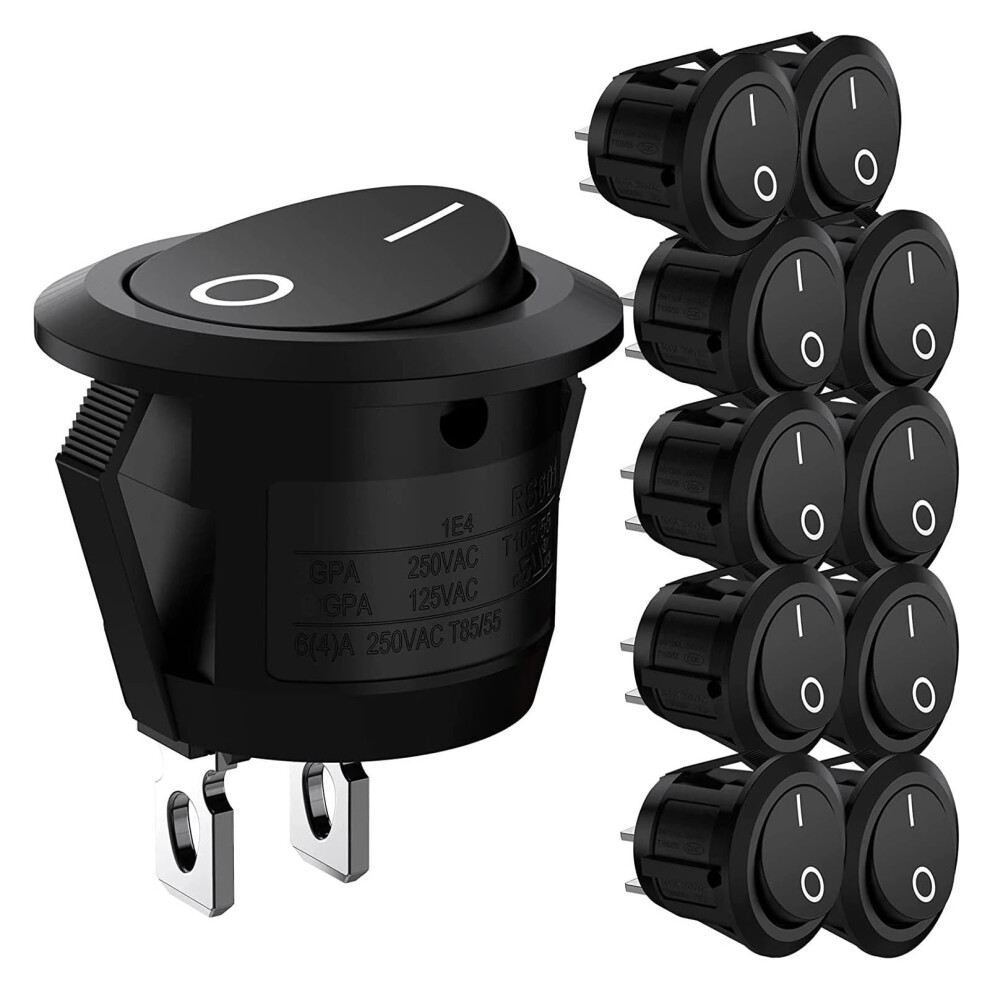 10Pcs Spst Rocker Switch 2 Pin Round Toggle For Car Boat, Easy Snapin On/Off Control 9113335289673