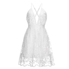 Damenkleid V-Ausschnitt, rückenloses Blumen-Spitzenkleid mit Spaghettiträgern, legere Kleider elegantes Party-Spitzen-Minikleid
