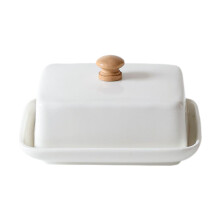 Ceramic Butter Dish with Lid White Compact Keeper for Fridge Elegant Minimalist Design Gold Handle