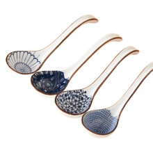Blue and White Ceramic Soup Spoons Set of 4, Microwave Dishwasher Safe, Elegant Pattern Styles