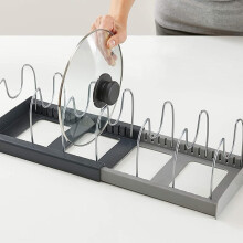 Adjustable Expandable Pan Organizer Rack with NonSlip Base, SpaceSaving Grey Kitchen Cookware Storage