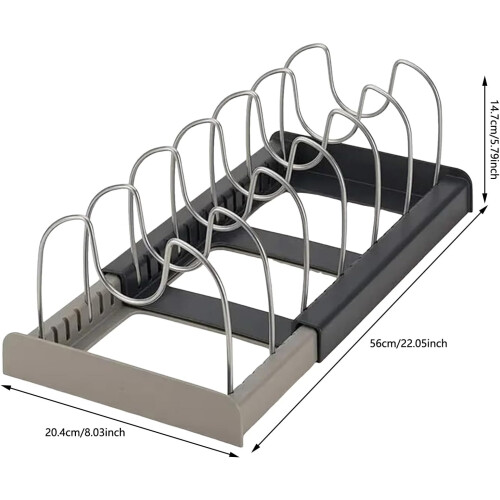 Adjustable Expandable Pan Organizer Rack with NonSlip Base, SpaceSaving Grey Kitchen Cookware Storage 2