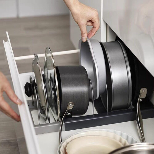 Adjustable Expandable Pan Organizer Rack with NonSlip Base, SpaceSaving Grey Kitchen Cookware Storage 1