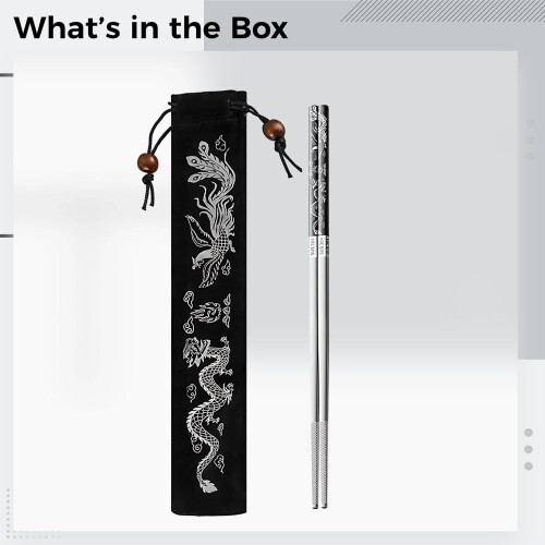 Stainless Steel Chopsticks 304 Dragon Design Reusable Rustproof with Drawstring Pouch 9.3in 1
