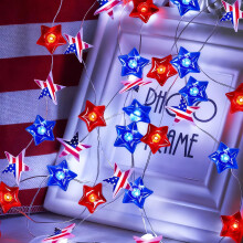 Patriotic String Lights 30 LED Red White Blue Stars Battery Operated with Timer for Indoor Outdoor 4th of July