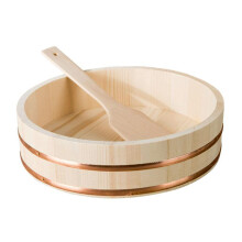 Wooden Sushi Rice Mixing Tub with Copper Bands and Paddle, Large 33cm Bowl for Restaurant Use