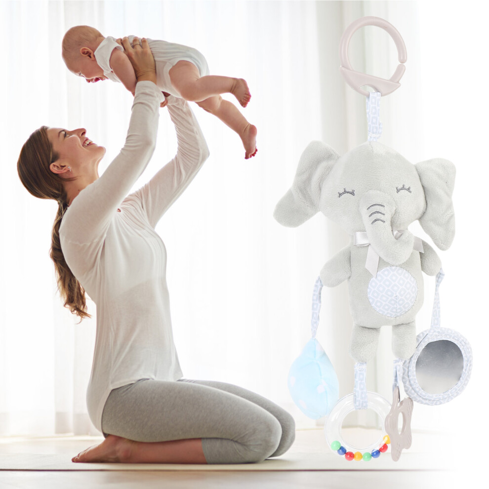 Gray Plush Baby Crib Hanging Rattles Toy with Teething Clip