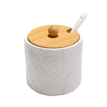 Sugar Bowl Ceramic Jar with Bamboo Lid and Spoon for Kitchen Countertop and Coffee Bar White
