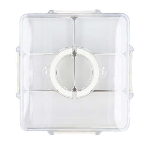 Divided Serving Tray with Handle and Lid, 5 Compartment Snack Storage Box, White Space Saving Design