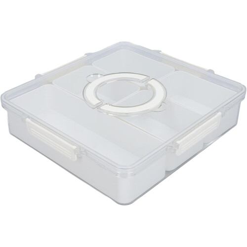 Divided Serving Tray with Handle and Lid, 5 Compartment Snack Storage Box, White Space Saving Design 1